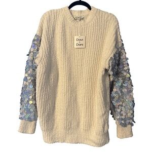 Davi & Dani Sequin Sweater Womens M Ivory Sequin Chunky Knit Artsy Dope Dressing